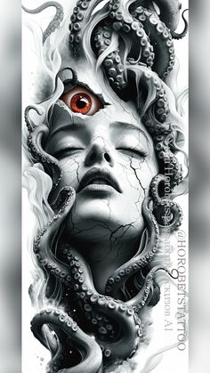 an image of a woman with red eyes and octopus tentacles on her face, in black and white