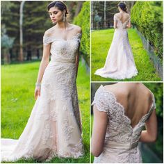 a woman in a wedding dress is posing for the camera and wearing an off shoulder gown