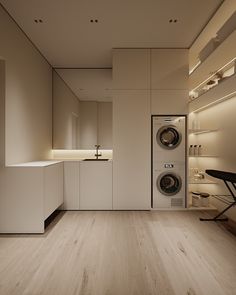 a washer and dryer in a room with white walls, flooring and lighting