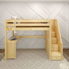 there is a wooden bunk bed with stairs and a desk underneath it in the room