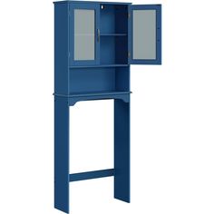 a tall blue cabinet with two doors on the front and one door open to reveal a mirror