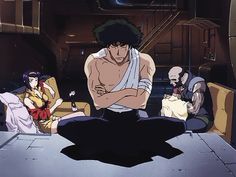 an anime scene with one man sitting on the floor and two other men standing behind him