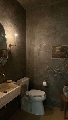 Lime Wash Paint Powder Room, Renovated Powder Room, Chalk Wall Bathroom, Tiny Moody Powder Room, Black And Wood Powder Room, Moody Bathroom Mood Board, Brown Moody Bathroom, Small Dramatic Powder Room, Restoration Hardware Powder Room