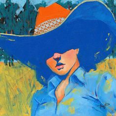 a painting of a woman wearing a blue cowboy hat with trees in the back ground