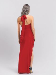 specification Red Backless Dress With Tie Back, Red Sleeveless Dress With Tie Back, Red Tie-back Maxi Dress For Party, Red Tie Back Maxi Dress For Party, Solid Tie Back Dress For Party, Solid Color Tie Back Dress For Formal Occasions, Elegant Red Backless Maxi Dress, Solid Color Maxi Dress With Tie Back For Party, Party Maxi Dress With Tie Back