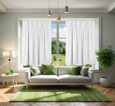 a living room filled with furniture and a large window covered in white drapes next to a green rug