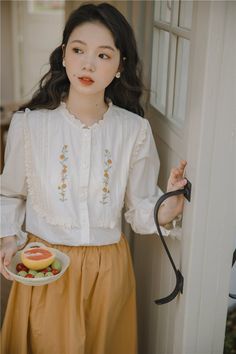 Golden Rose Embroidered Blouse (Cream) Embroidered Rose, Rose Vines, Nice Clothes, Long Sleeve Button Up Shirt, Golden Rose, Lace Ruffle