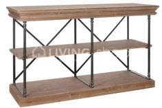 a wooden shelf with metal legs and shelves