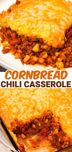 cornbread chili casserole with cheese on top