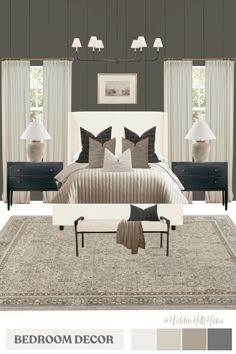 a bedroom with gray walls and white furniture