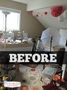 a room filled with lots of clutter and decorations on top of carpeted flooring