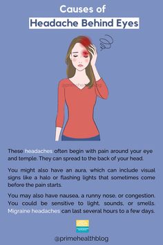 Headache behind the eyes can affect one or both sides, and it may occur with light sensitivity and other types of discomfort. A doctor can identify the cause of a headache behind the eyes and recommend the best course of treatment.  Keep reading for more information about the causes of headaches behind the eyes and how to treat them.   Causes Doctors are unsure what precisely causes migraine. However, changes to nerve signaling and blood vessels in the eye may play an important role in its development.  Outside triggers are often the catalyst for migraine attacks. Common migraine triggers include:  lack of sleep hormonal changes environmental factors, such as strong smells, smoke, or flickering lights dehydration consuming too much caffeine or alcohol Headache Behind Eyes, Getting Rid Of Headaches, Headache Causes, Migraine Triggers, Constant Headaches, Sinus Problems, Migraine Attack, Headache Types