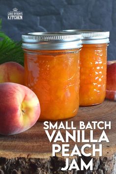 small batch vanilla peach jam in two jars