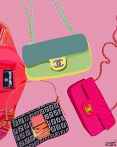 an assortment of purses on a pink background