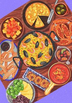 an image of a table full of food that includes pizza, pasta and other foods