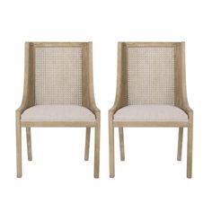 a pair of wooden chairs with grey upholstered backrests and seat cushions