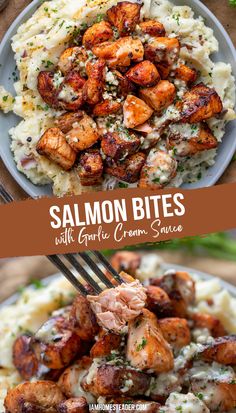 A plate of mashed potatoes with salmon bites on top. Cubed Salmon, Salmon Filets, Salmon Bites, Air Fryer Salmon, Garlic Cream Sauce, Creamy Garlic Sauce, Natural Diet, Fish Dinner, Health Dinner