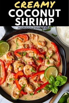 creamy coconut shrimp with peppers and limes in a skillet