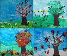 four different paintings depicting trees and animals in the same area, one is painted with acrylic paint