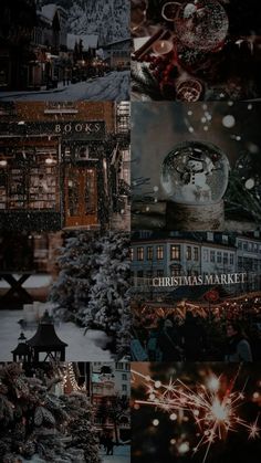 a collage of christmas images with sparklers in the foreground and snow on the ground