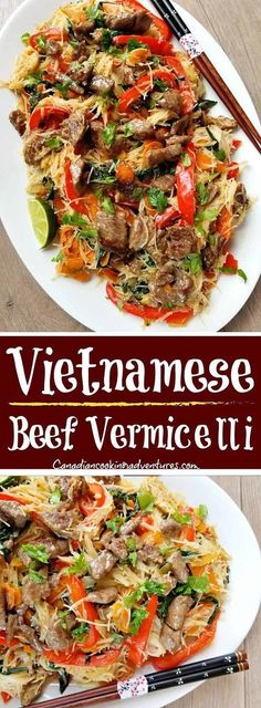 vietnamese beef and vermice stir fry with chopsticks on a white plate