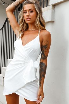 White Wrap Dress, Selfie Leslie, Wrap Around Dress, Tie Wrap, Clothing Tags, Nude Heels, Special Birthday, White Mini Dress, Dress White