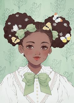 an illustration of a woman with flowers in her hair and butterfly decorations on her head