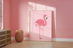 a pink room with a flamingo print on the wall and a vase in front