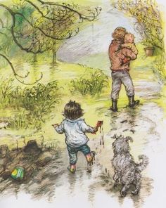 a drawing of two children and a dog on a path in the woods with trees