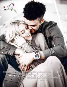 a man and woman hugging each other on the cover of a magazine