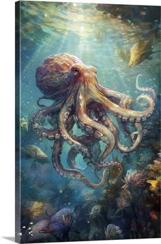 an octopus is swimming in the ocean surrounded by fish and other marine life, with sunlight shining