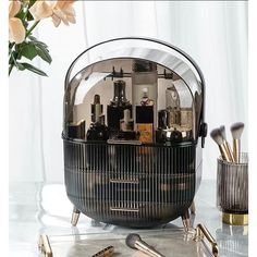 Translucent Smoke Black Two Drawer Makeup Organizer With Deep Top Bin Covered By Transparent Bubble Style Lid On Hinges To Keep Dust Off Of All Your Brushes And Beauty Products. Rose Gold Art Deco / Futuristic Style Legs. Handle For Easy Carrying Makes This Perfectly Suitable For Taking To Photo Shoots, Events, Etc. Brand New In Box!! Makeup Box Organizer, Lipstick Container, Make Up Storage, Lipstick Organizer, Makeup Drawer Organization, Makeup Drawer, Úložný Box, Cosmetic Display, Cosmetic Box