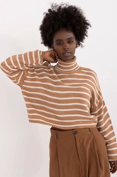 Rullkrage   brun by Badu Striped Turtleneck Sweater, Casual Meeting, Romper And Jacket, Modest Swimwear, Striped Turtleneck, Cardigan Shirt, Activewear Sets, Jumpsuit Shorts Rompers, Petite Women