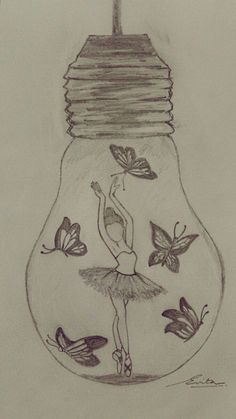 a pencil drawing of a ballerina in a light bulb with butterflies around the bulb