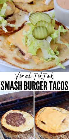 smash burger taco on plate with toppings and on griddle topped with a slice of cheese Burger Taco Recipe, Smash Burger Tacos, Tacos At Home, Burger Tacos, Smash Burger Recipe, Taco Burger, Keto Burger