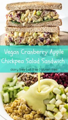 vegan cranberry apple chickpea salad sandwich on a plate with dressing