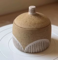 a white and brown container sitting on top of a plate