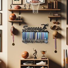 there is a basketball and other sports memorabilia on the wall