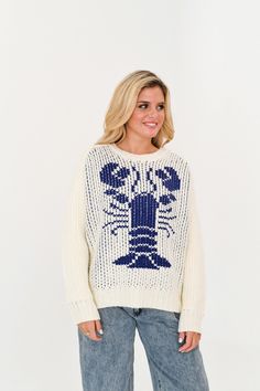 Stay cozy and stylish in our Evelyn Chunky Knit Lobster Sweater. This cream and blue sweater features a unique lobster design, making it a fun addition to your wardrobe. The chunky knit provides warmth and comfort, perfect for chilly days. Stand out from the crowd with this playful and practical sweater. Lobster Sweater, Lobster Design, Jean Romper, Thanksgiving Outfit, Blue Sweater, Stay Cozy, Blue Sweaters, Top Dress, Chunky Knit