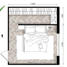 the floor plan for a small bedroom with a bed, nightstands and other furniture