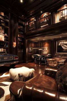 a living room filled with lots of brown furniture and bookshelves next to a car