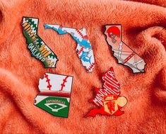 the state of florida is depicted on an orange fur surface with other states and their emblems