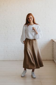 "Camel Linen Skirt, Heavy Weight Linen Skirt, Linen Midi Skirt,  ♠ This effortless midi skirt is made of 100% pure linen. With its elastic waist, this classic linen skirt looks feminine while being super comfy and breezy. Made from natural washed and soft heavyweight linen that has a thick texture and is perfect for the chilly weather.  ♠ Sizes The model on the picture is 165 cm/5'5\" tall and is wearing size S. Have a look at my Size Chart below to make sure your piece will fit you best. ** Cus Long Relaxed Lined Skirt, Casual Full Wrap Skirt Relaxed Fit, Casual Full Wrap Skirt, Beige Skirt Fall, Fall Linen, Skirt Linen, Beige Skirt, Bohemian Skirt, Classic Skirts