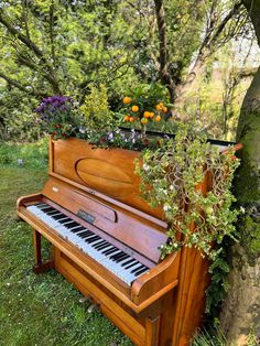 an old piano sitting in the grass next to a tree with flowers growing on it