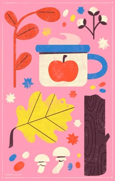 an illustration of autumn items on a pink background with leaves, acorns and apples