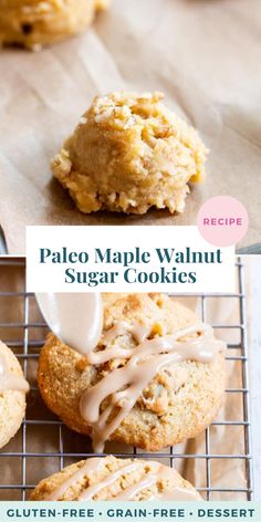 a close up of some cookies with icing on top and the words pale maple walnut sugar cookies