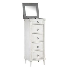 a white dresser with a mirror on top and drawers below it, against a white background