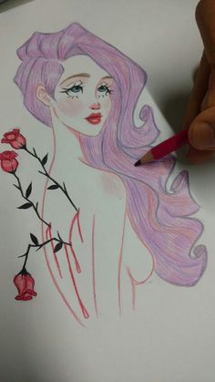 a drawing of a woman with pink hair and flowers in her hair, holding a pencil