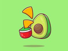 an avocado falling into a bowl with guacamole in it, on a green background