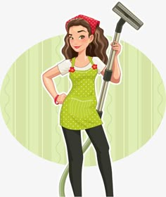 a woman in an apron holding a vacuum cleaner, transparent png and psd